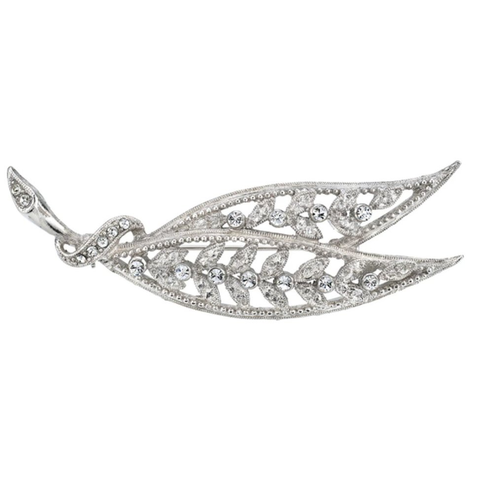 Silver-Tone Pave Crystal Accent Filigree Leaf  Pin